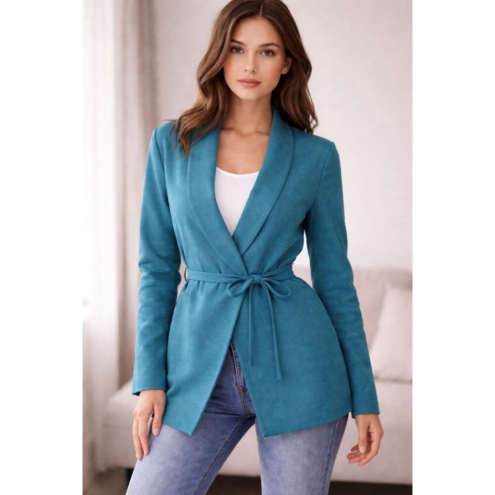 NWT Merci Italia Shawl Lapel Collar Wrap Front Belted BLazer Jacket Teal Size 44